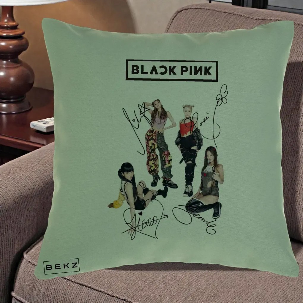 Perna Personalizata K-pop BLACKPINK Fotografie Grup Autografe Toate Membre, 40x40 cm, Verde, Husa Detasabila, Perna Inclusa, BEKZ®