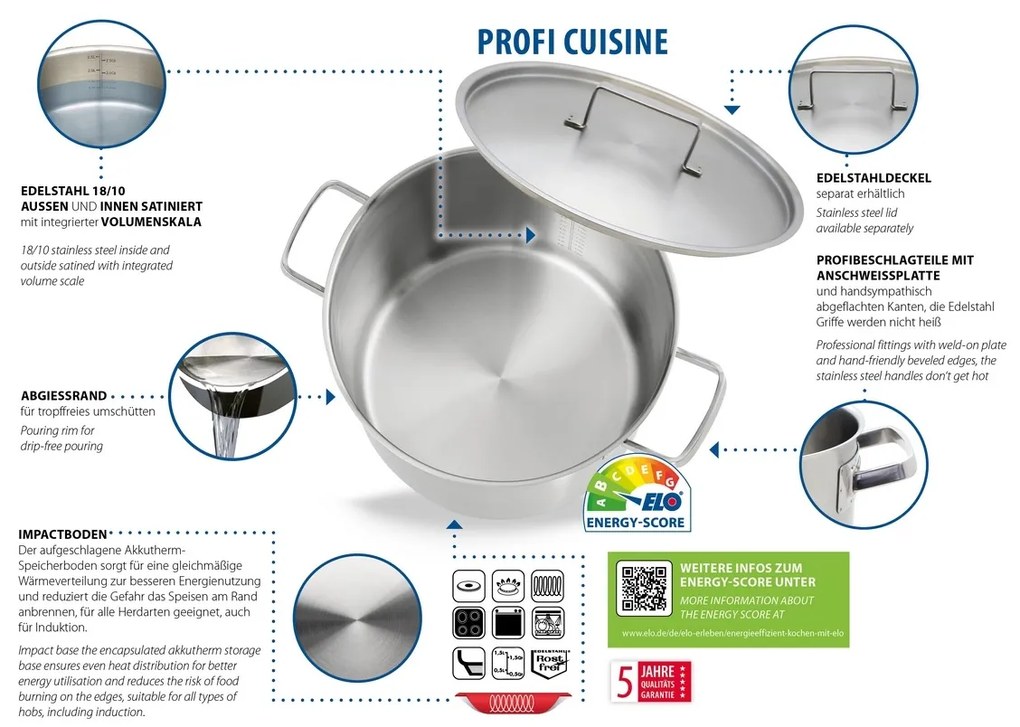 Elo 24024 Capac de oală din oțel inoxidabil ProfiCuisine 24 cm, 24 cm