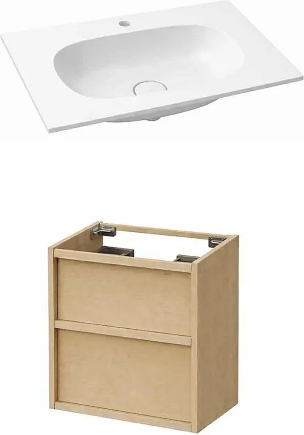 Set dulap baza suspendat KolpaSan Storia 2 sertare 60 cm finisaj acacia cu lavoar compozit Kerrock alb