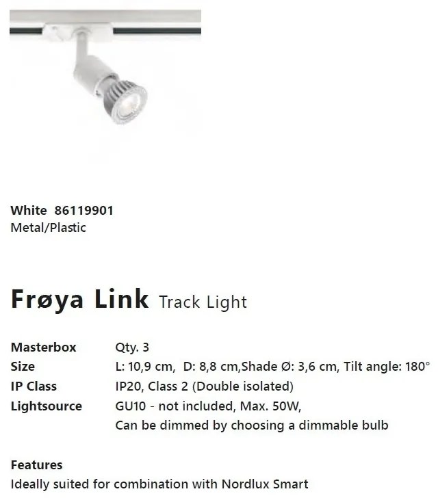 Accesoriu, Spot directionabil Froya alb, pentru sina Nordlux Link
