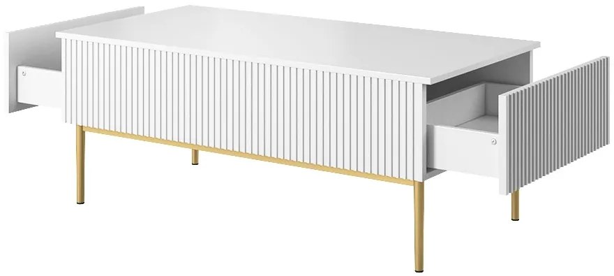Măsuță de cafea cu sertare Nicole 120 cm cu picioare metalice - alb mat / picioare aurii