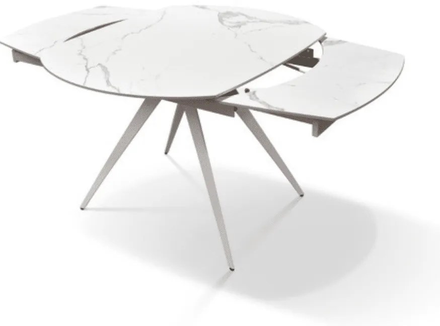 MASA OVALA EXTENSIBILA -STICLA CERAMICA CU PICIOR METALIC - ALB