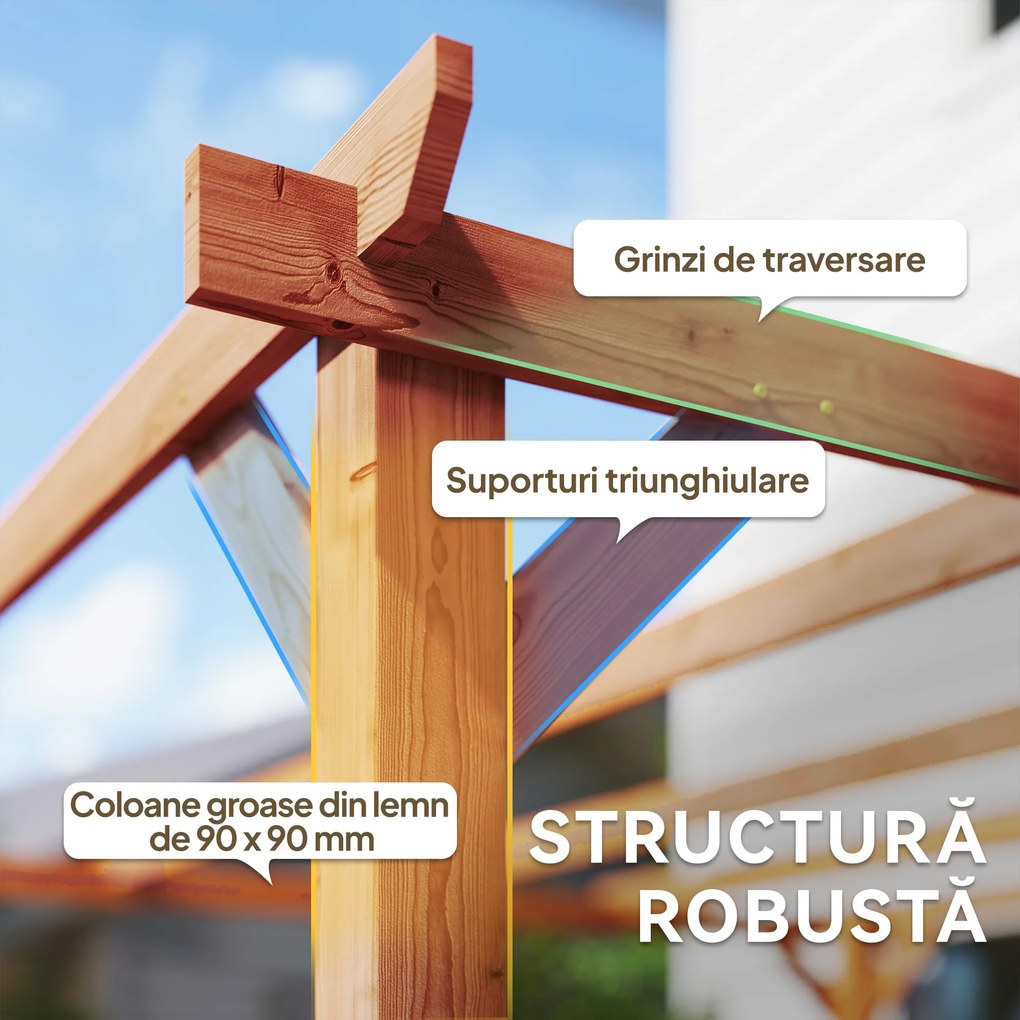 Outsunny Pergolă Gazebo 3x3 m din Lemn de Brad, Pergolă pentru Grădină cu Suporturi Triunghiulare și 5 Grinzi pentru Plante Cățărătoare, Pergolă din Lemn pentru Exterior, Patio, Terasă, Aspect Lemn de Arțar | Aosom Romania