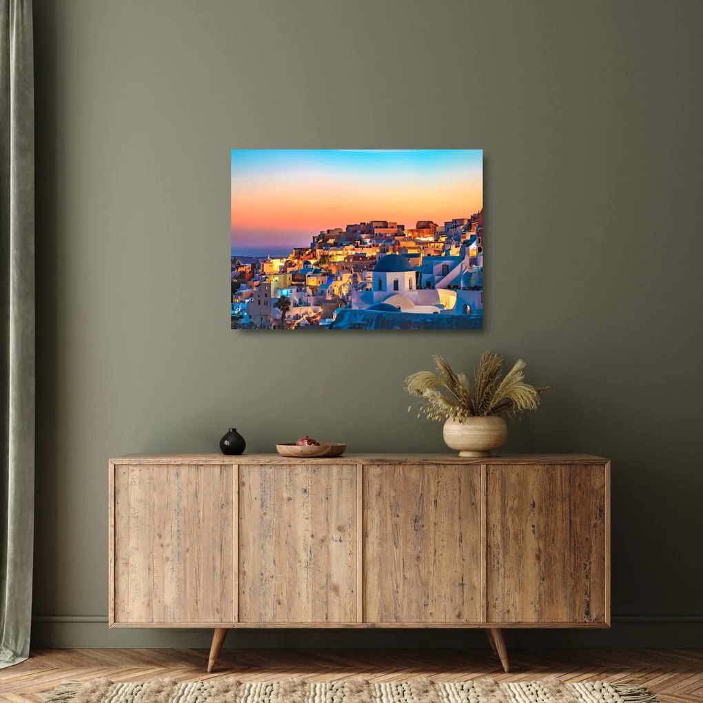 Tablou pe sticlă - Santorini în amurg (70x50 cm)