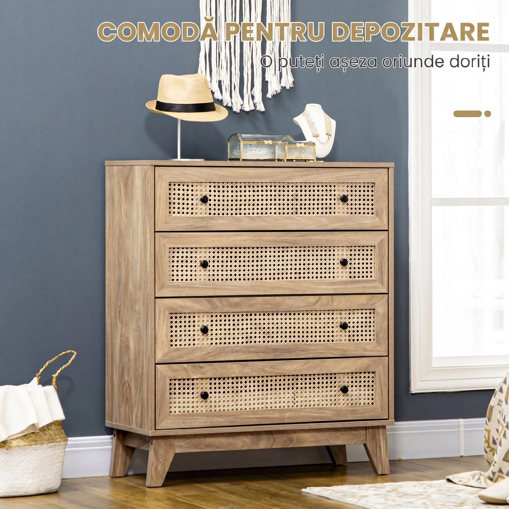 HOMCOM Comodă cu 4 Sertare Stil Boho din Ratan 80x35x95 cm Lemn Natural | Aosom Romania