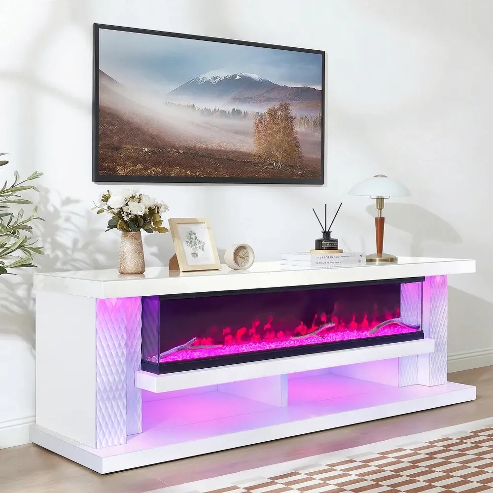 Șemineu Electric cu Flacără LED în 7 Culori, Comodă TV, Bluetooth, Difuzoare Integrate, Iluminare LED Ambientală, Telecomandă, MDF, Finisaj Alb Oglindă