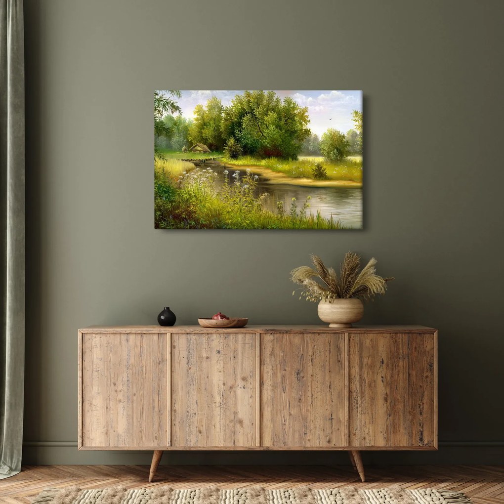 Tablou - Râu lângă pădure, pictură în ulei (90x60 cm)