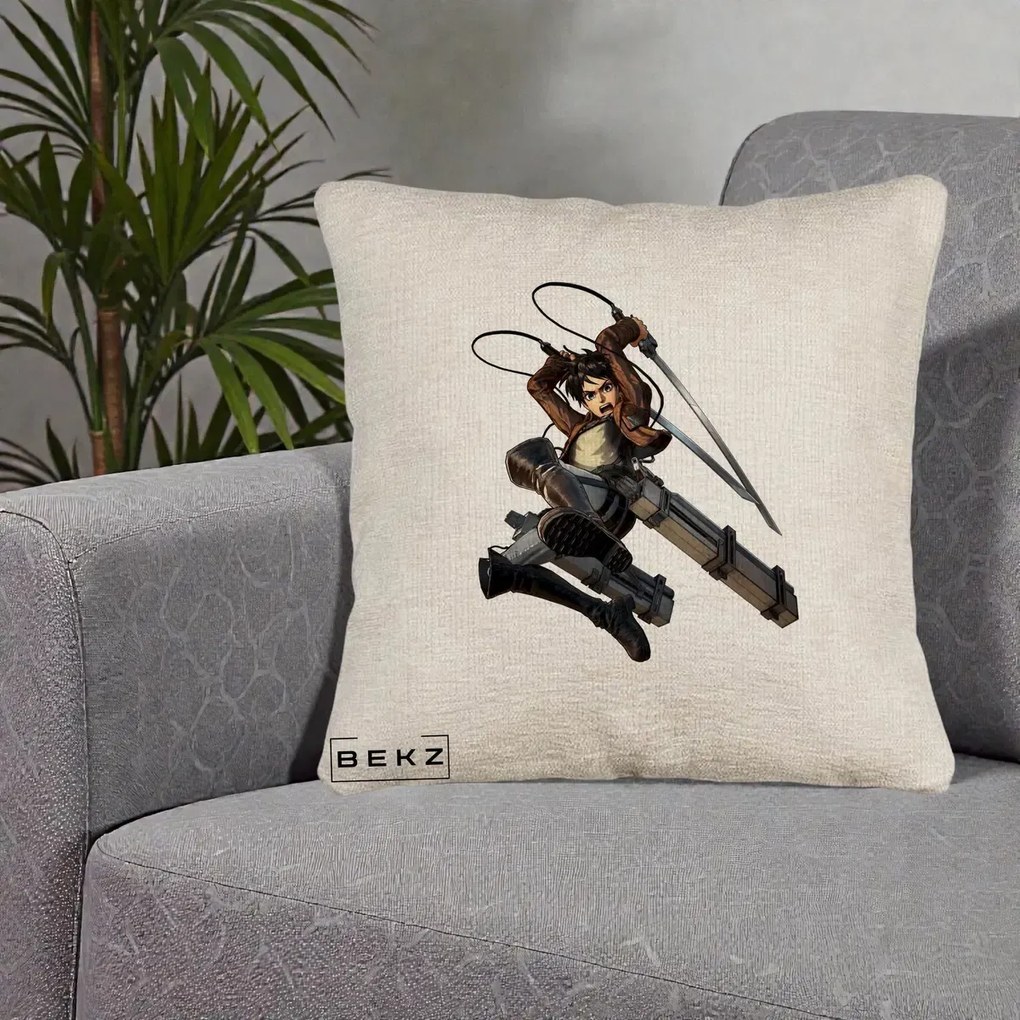 Perna Personalizata Attack on Titan Eren Yeager Lupta, 40x40 cm, Bej Canapea, Husa Detasabila, Perna Inclusa, BEKZ®