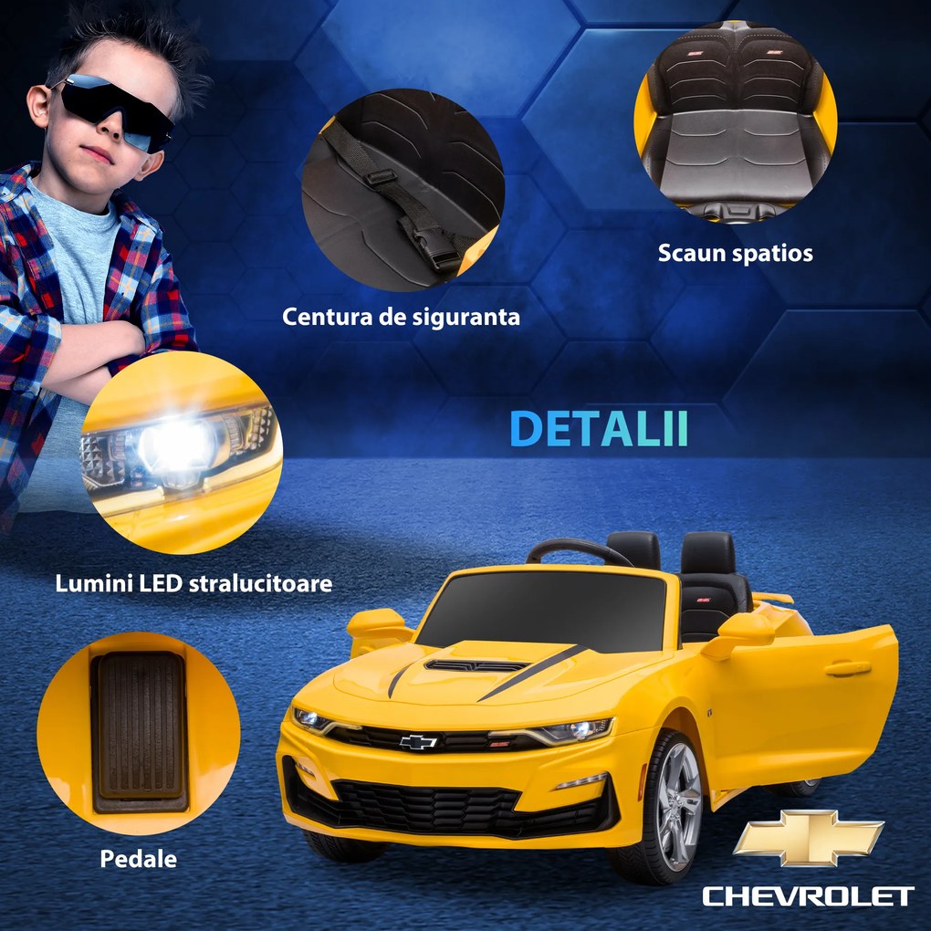 HOMCOM Masina Chevy Camaro cu licenta 12V, alimentata cu baterii, telecomanda, masina electrica pentru copii, motor dublu, galben | AOSOM RO