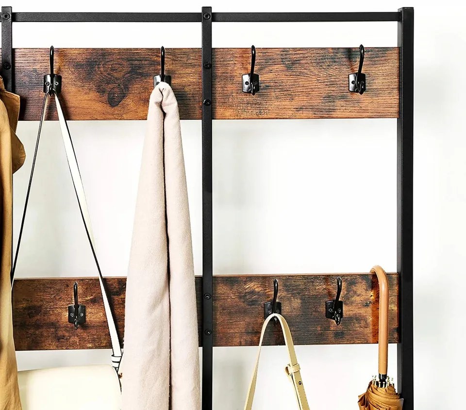 CUII201 - Cuier industrial 100cm, 12 agatatori haine, chei, hol, rafturi pantofi, pantofar - Maro