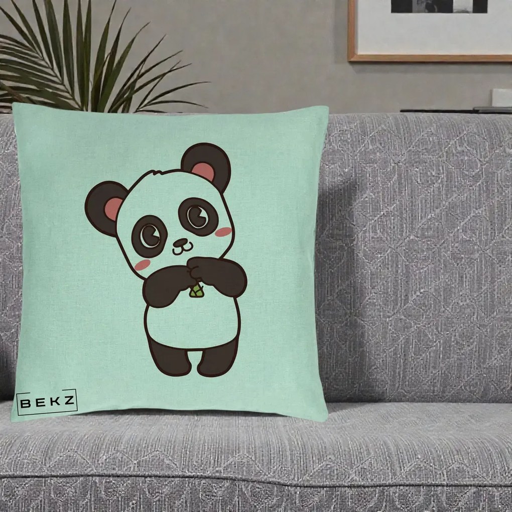 Perna Personalizata Panda Kawaii cu Bambus, 40x40 cm, Verde Menta, Husa Detasabila, Perna Inclusa, BEKZ®