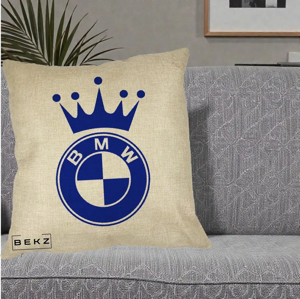 Perna Personalizata cu emblema BMW si Coroana, 40x40 cm, Crem, Husa Detasabila, Perna Inclusa, BEKZ®