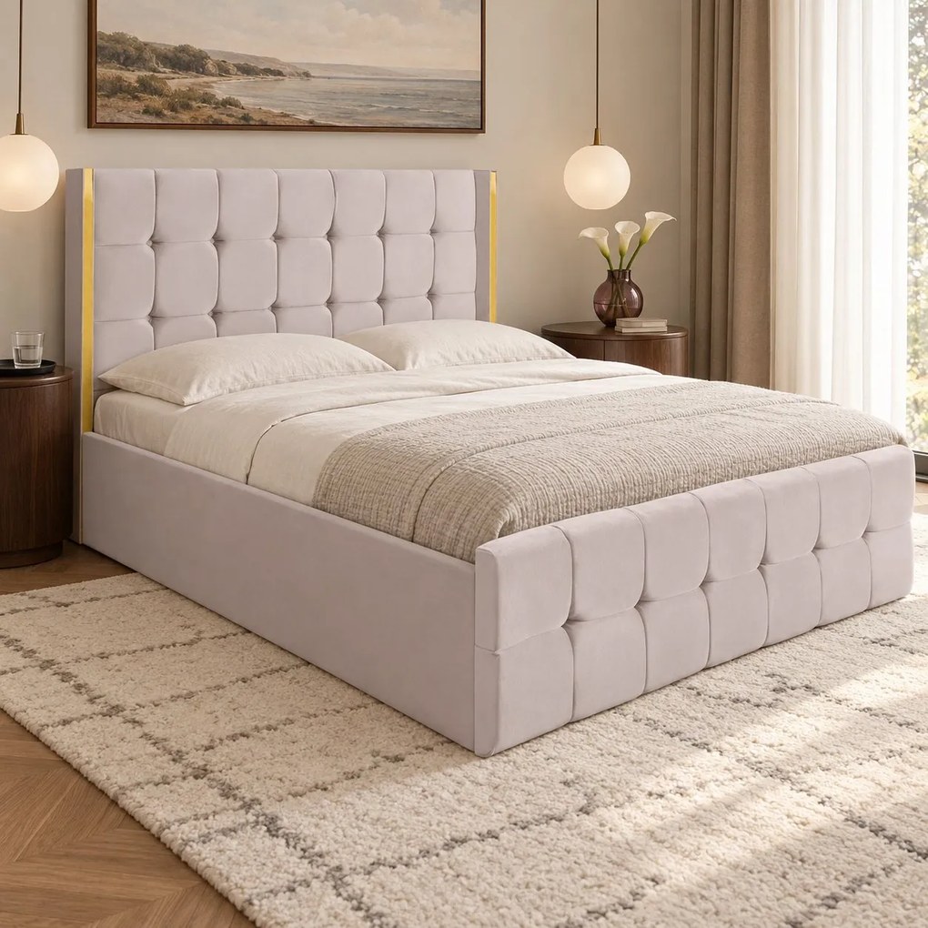 Pat tapițat din catifea Aven 180×200 cm, crem, cu ladă de depozitare