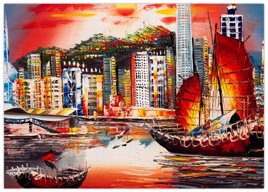 Tablou - Victoria Harbour, Hong Kong, pictură în ulei (70x50 cm)