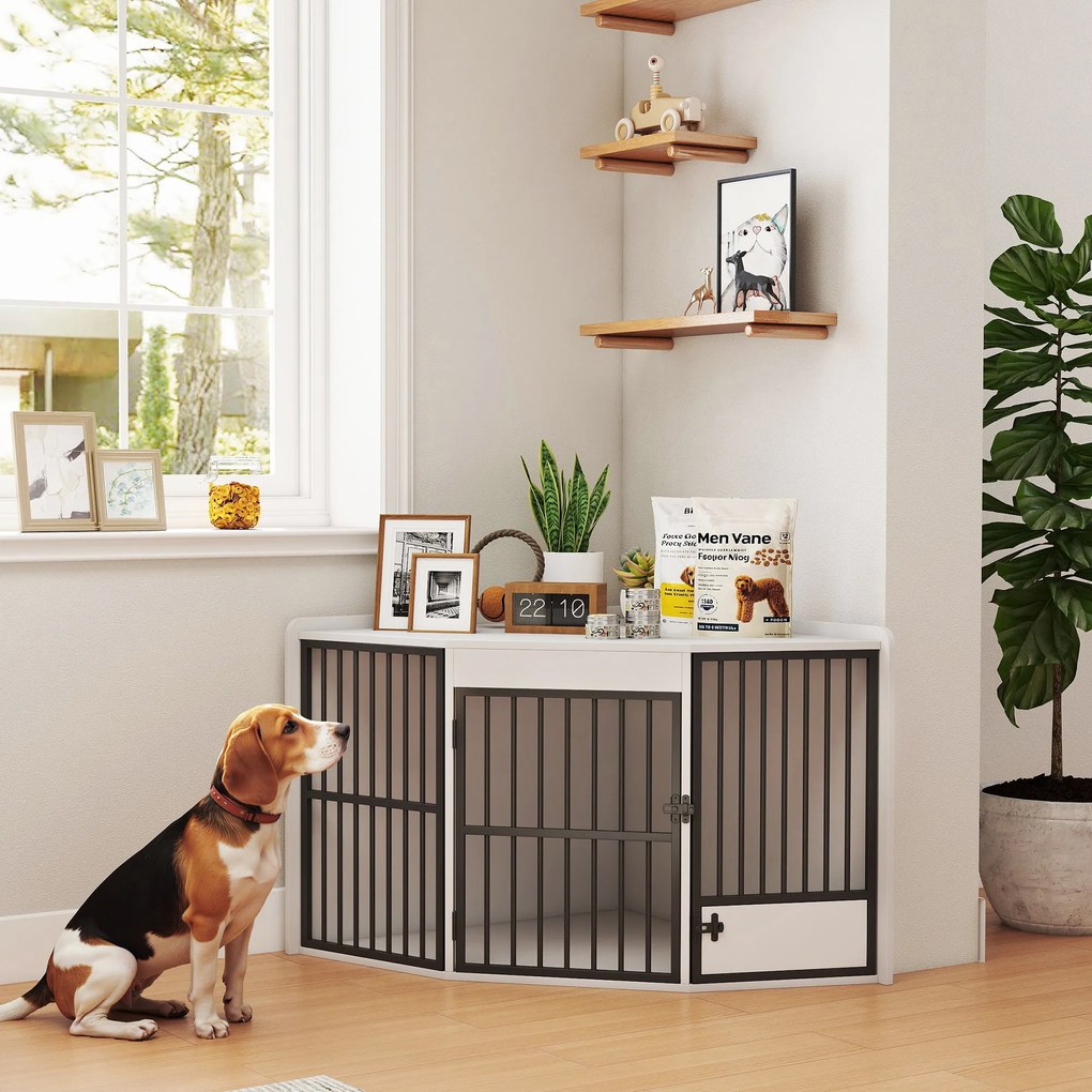 PawHut Cușcă pentru câini, box de odihnă pentru câini mici și medii, cutie pentru animale de companie, ușă pentru hrănire, MDF, metal, Alb | Aosom Romania