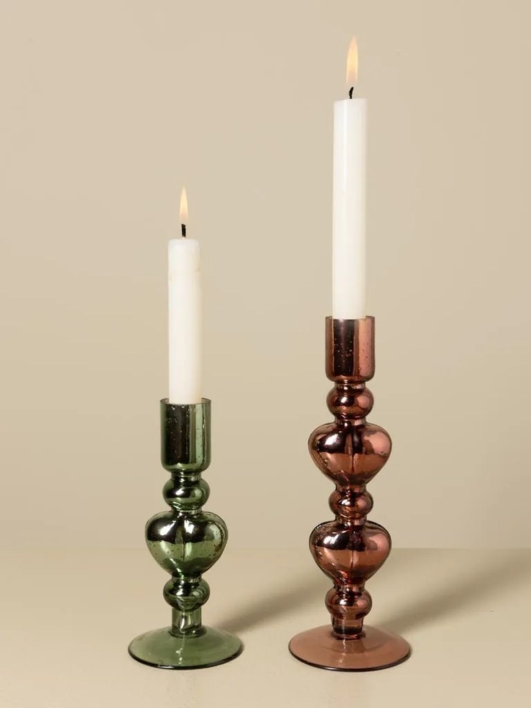 Sfeșnic din sticlă cu inimă sculptată, verde-maro, finisaj lucios, 17×8 cm, „Coeur Vert"