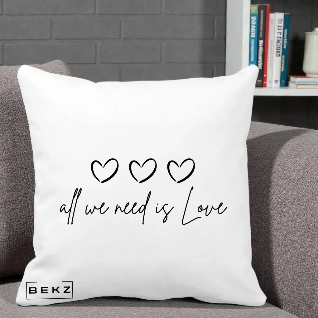 Perna Decorativa All We Need Is Love, 40x40 cm, Alba Mata, Husa Detasabila, Perna Inclusa, BEKZ®