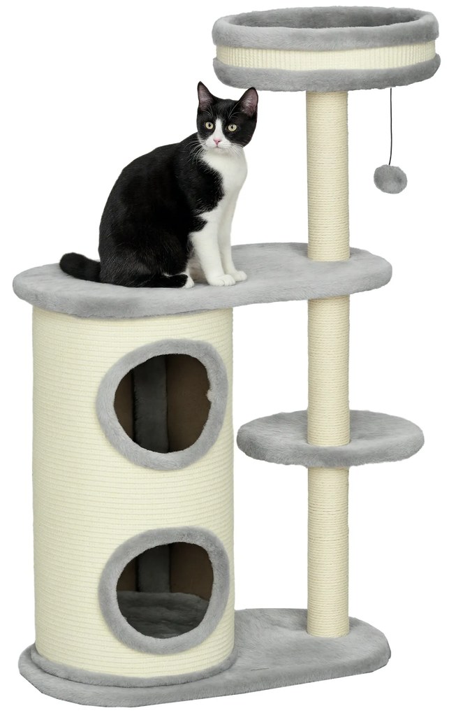 PawHut Copac de Zgariat pentru Pisici, Stalpi din Sfoara de Sisal, Plus Moale, Design Multifunctional, Jucarie cu Minge, Gri, 59x35x100 cm | Aosom Romania