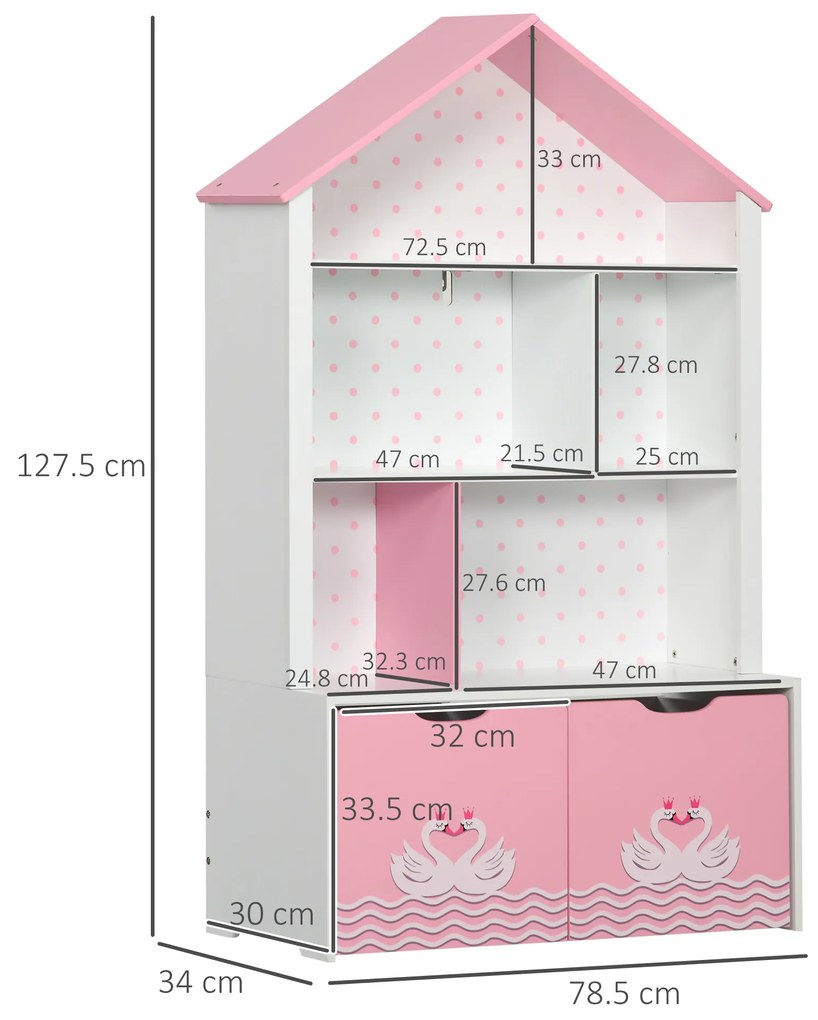 ZONEKIZ Bibliotecă Jucării cu Rafturi Deschise și Sertare pe Roți, 78.5x34x127.5cm, Roz | Aosom Romania