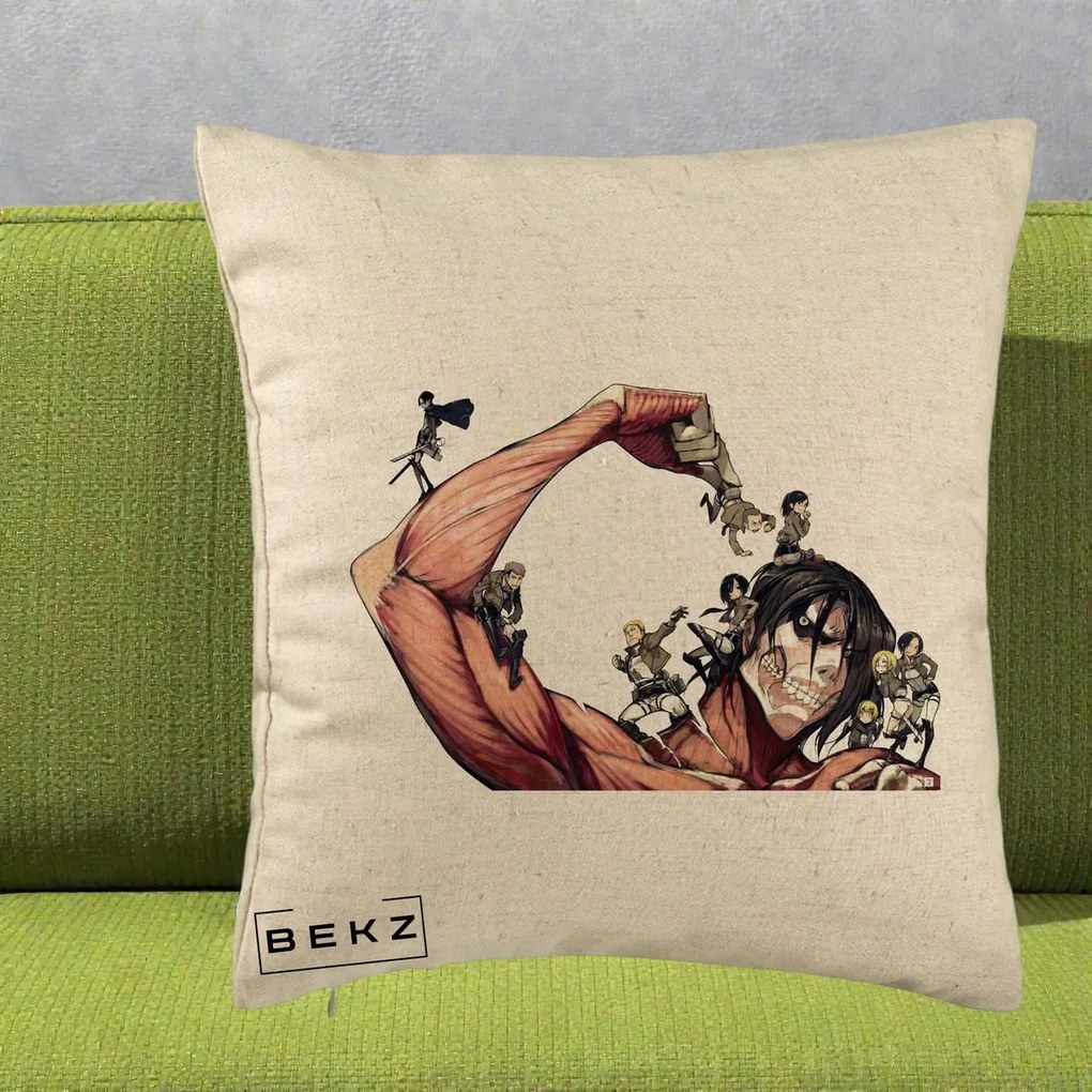 Perna Personalizata Attack on Titan Eren Titan Grup, 40x40 cm, Bej, Husa Detasabila, Perna Inclusa, BEKZ®