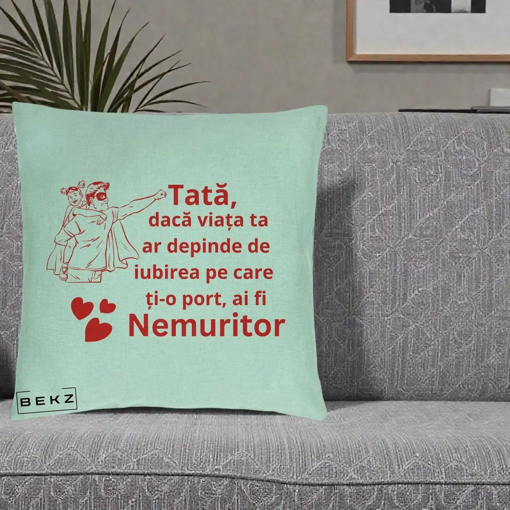 Cadou pentru Tata - Perna Personalizata Tata Nemuritor cu Fetita, 40x40 cm, Verde Menta, Husa Detasabila, Perna Inclusa, BEKZ®