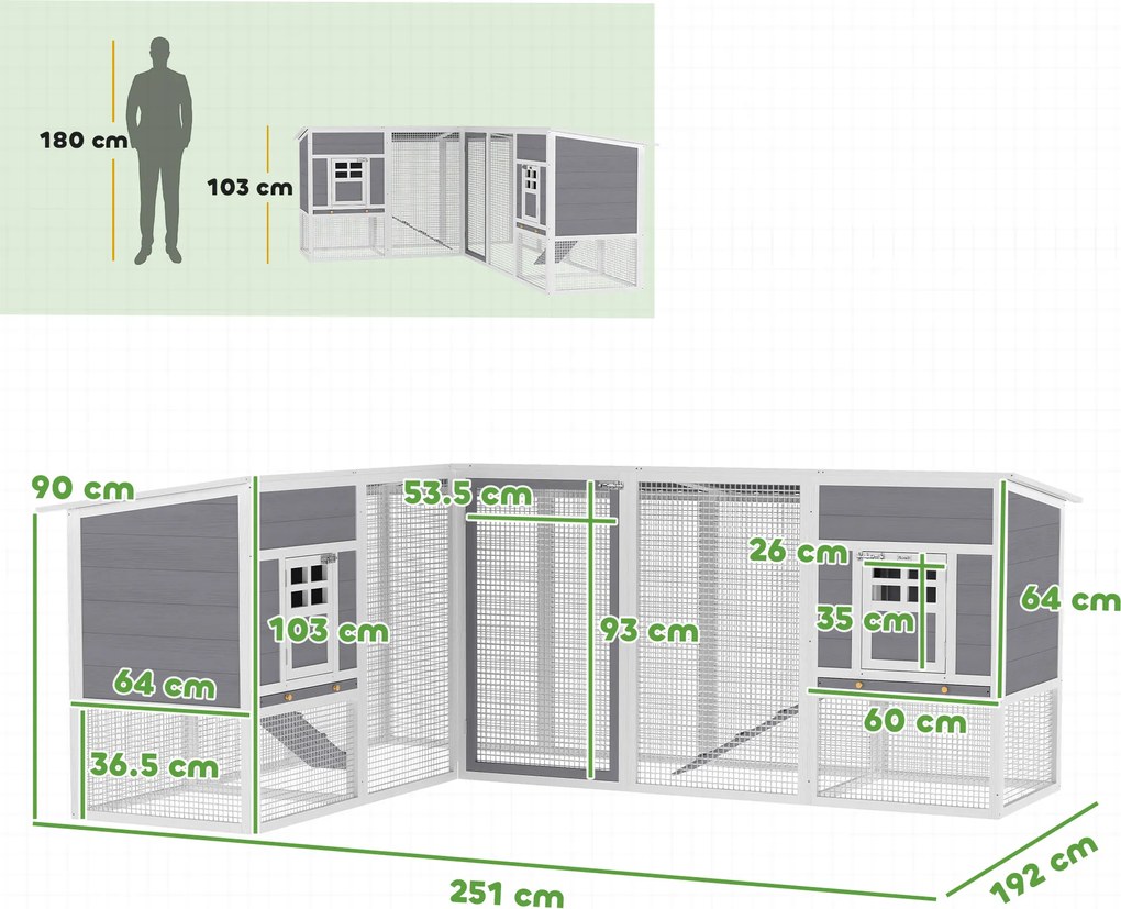 PawHut Cotet pentru găini casă din lemn în formă de L cu 2 case, 2 niveluri, zonă de alergare, rampă, 251 x 192 x 103 cm Gri | Aosom Romania