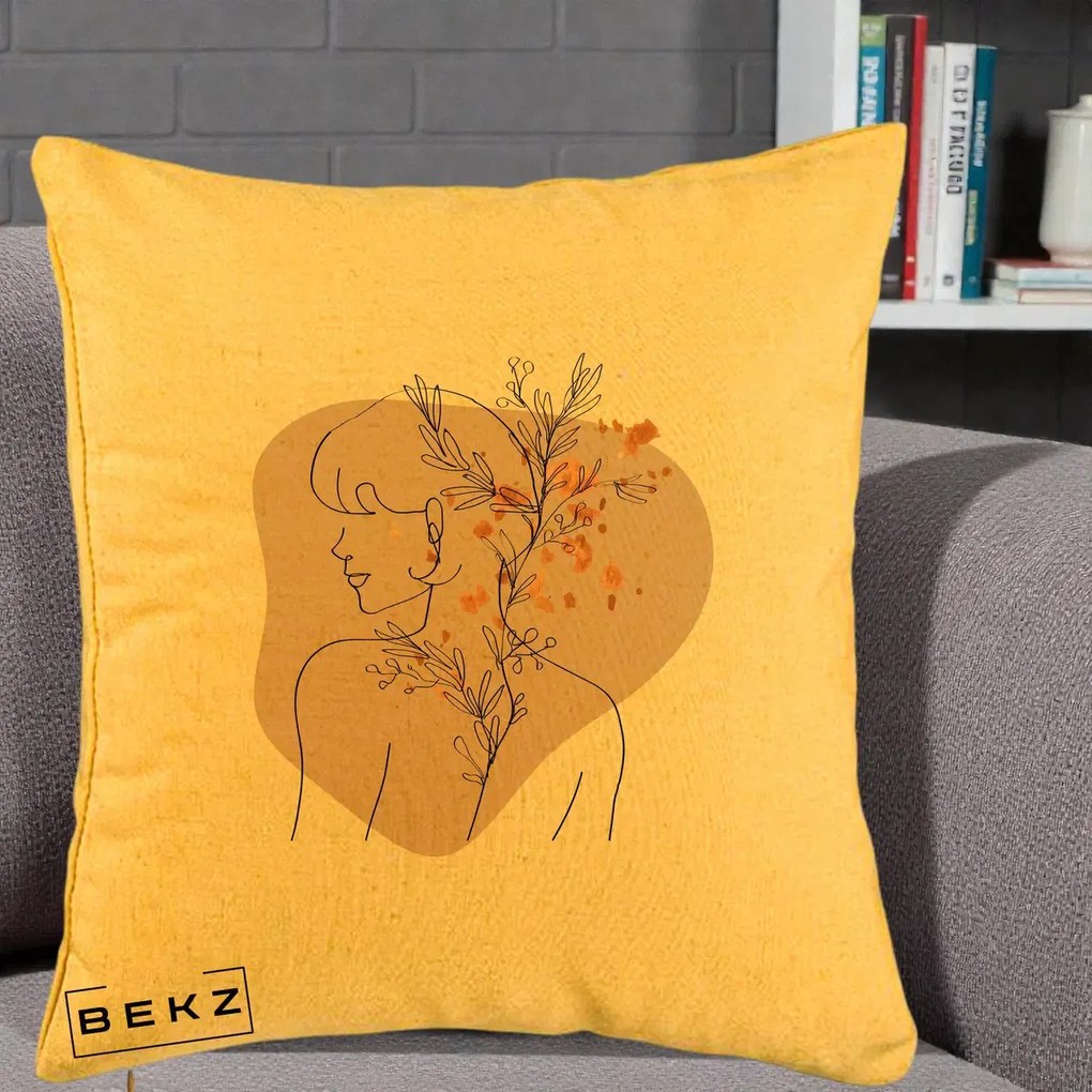 Perna Decorativa Femeie cu Flori Line Art Boho, 40x40 cm, Galben, Husa Detasabila, Perna Inclusa, BEKZ®