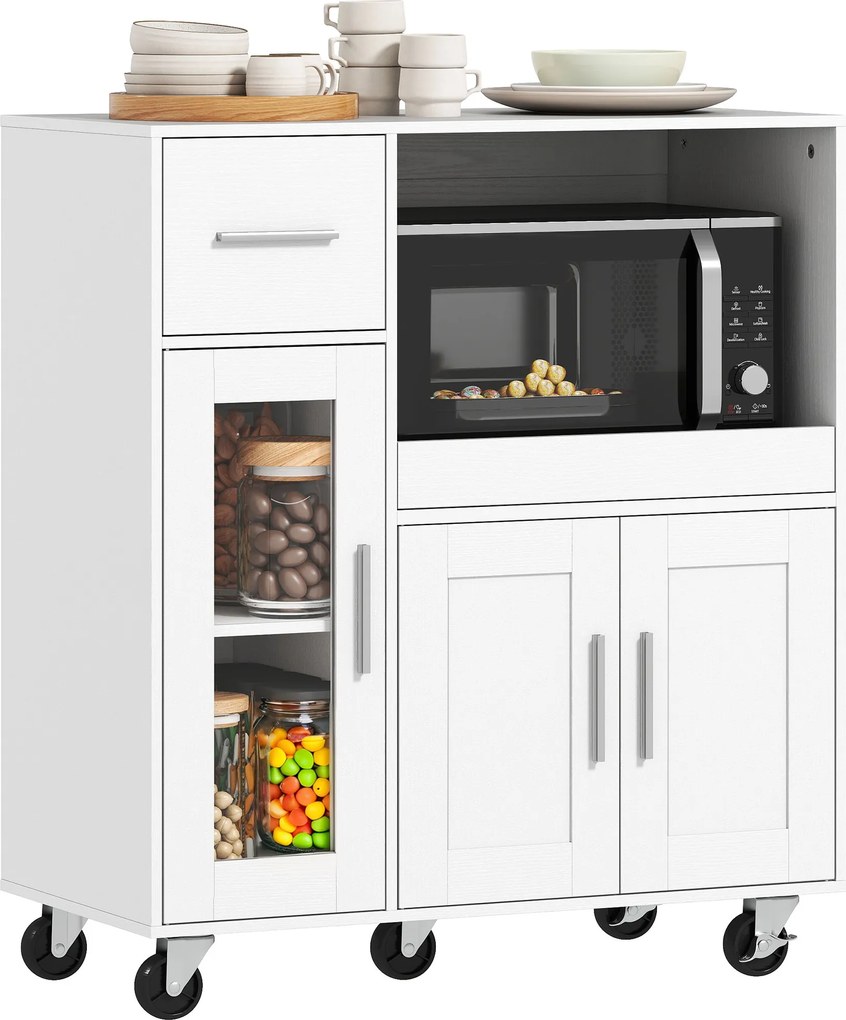 HOMCOM Dulap de bucătărie pe roți, comodă mobilă de bucătărie cu rafturi, sertare, raft reglabil, orificiu pentru cablu, Alb | Aosom Romania