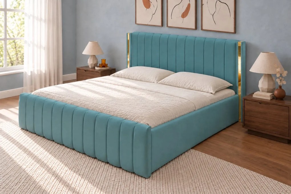 Pat tapițat din catifea Aurelia 140×200 cm, verde marin, detalii aurii, cu ladă de depozitare