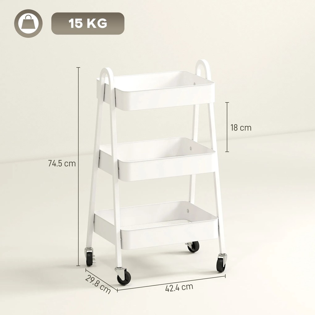 HOMCOM Cărucior de Bucătărie cu 3 Niveluri, Roți Pivotante, Mânere și Frâne, 42,4x29,8x74,5 cm, Alb | Aosom Romania