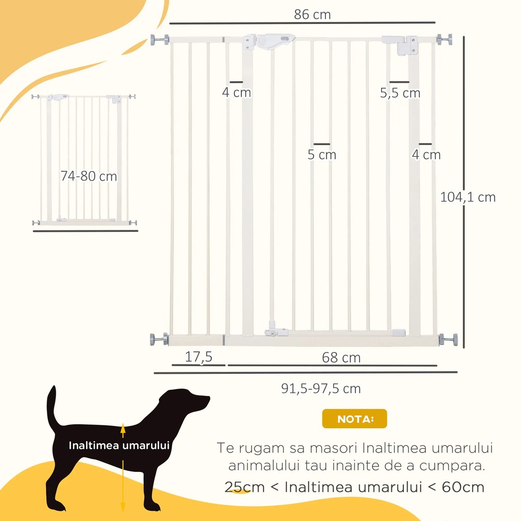 PawHut Poarta pentru Caini cu 4 Suruburi Reglabile si Banda Adeziva, Poarta de Siguranta din Metal si Plastic, 86x104.1 cm, Alb | Aosom Romania