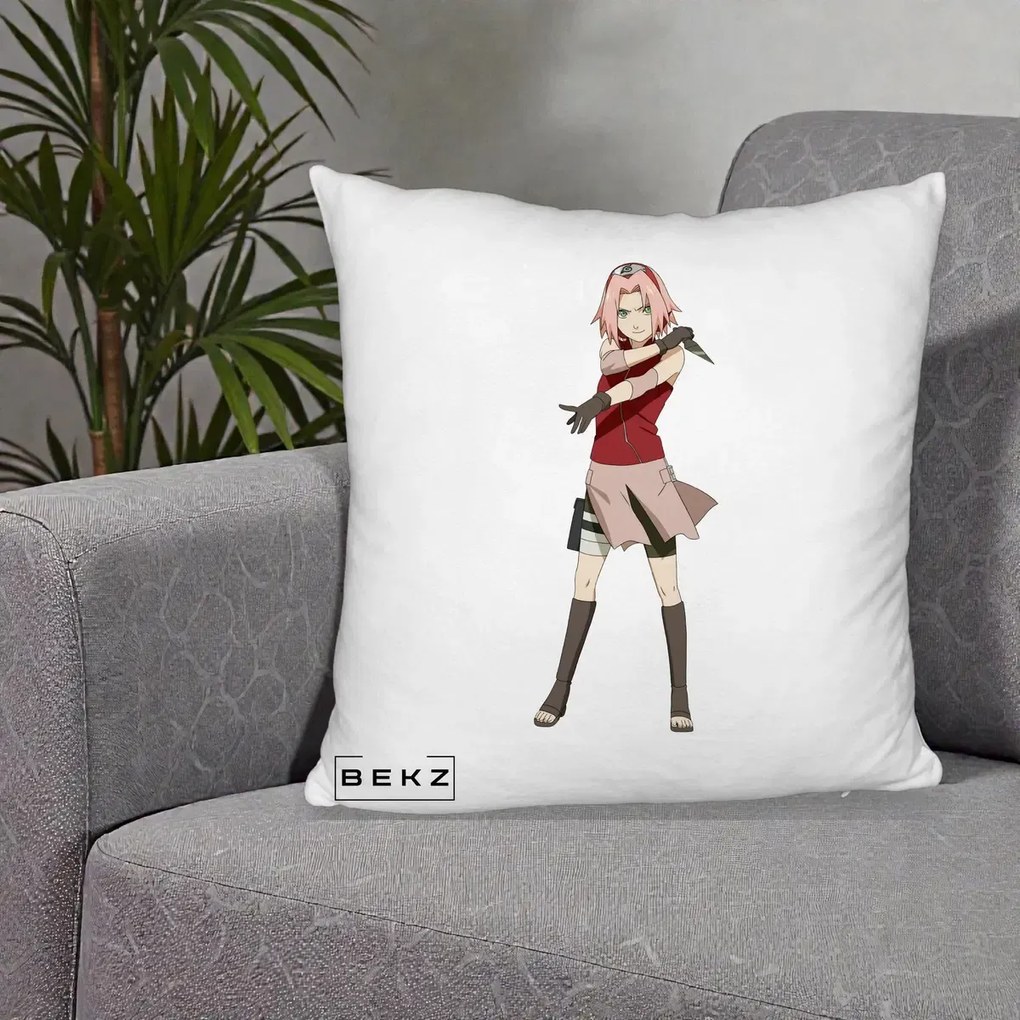 Perna Personalizata Naruto Sakura Haruno Portret, 40x40 cm, Alb Pufos, Husa Detasabila, Perna Inclusa, BEKZ®