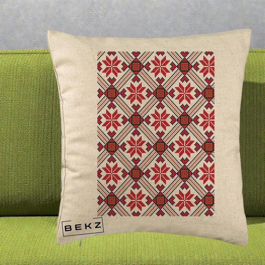 Perna Personalizata Motiv Traditional Ie Romaneasca Rosu, 40x40 cm, Bej, Husa Detasabila, Perna Inclusa, BEKZ®