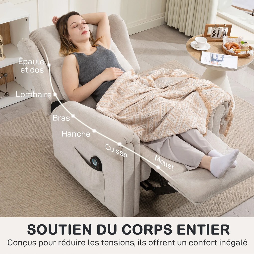 HOMCOM Fotoliu relax electric cu masaj și încălzire, cu spătar și suport pentru picioare reglabil manual, buzunar lateral, bej | Aosom Romania
