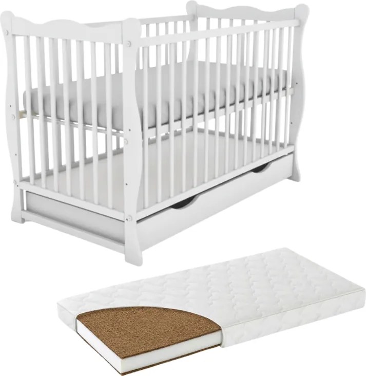 RESIGILAT Patut din lemn masiv cu sertar si capac 120x60 cm Kidizi Isla alb si saltea cocos LUX 120x60x12 cm,reglabil pe 3 nivele, certificat EN71