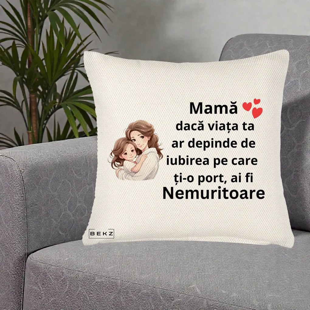 Cadou pentru Mama - Perna Personalizata Mama Nemuritoare cu Balon Inima, 40x40 cm, Crem Reliefat, Husa Detasabila, Perna Inclusa, BEKZ®