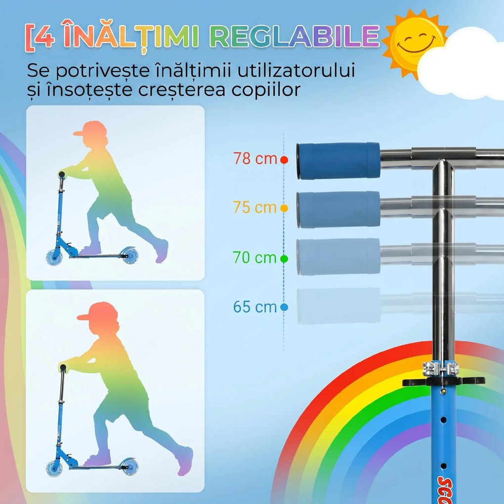 HOMCOM Scuter Pliabil pentru Copii, Scuter cu 2 Roți, Înălțime Reglabilă, Lumini LED și Muzică, 67x32x78 cm, Albastru | Aosom Romania