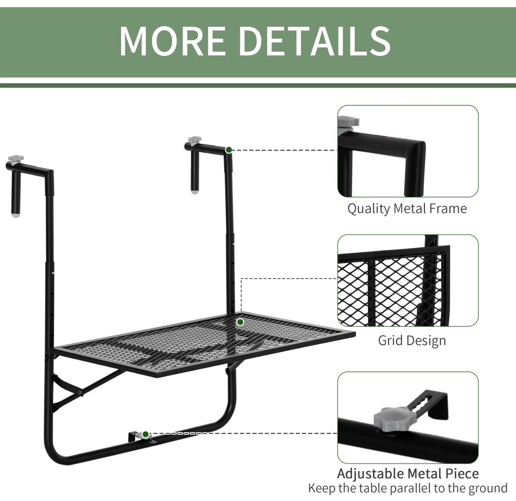 Outsunny Masă Pliabilă pentru Balustradă sau Balcon, din Metal, Reglabilă în Înălțime, 60x60x57-72cm, Negru | Aosom Romania