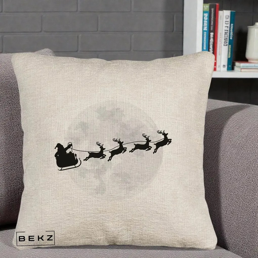 Perna Decorativa Mos Craciun Sanie Luna, 40x40 cm, Bej Canapea, Husa Detasabila, Perna Inclusa, BEKZ®