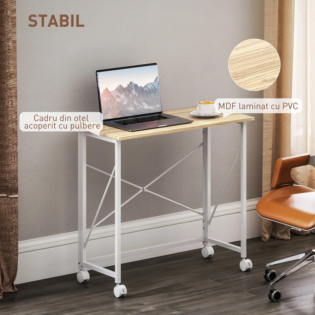 HOMCOM Masă pliabilă de 80 cm pe roți - Ton natural | Aosom Romania