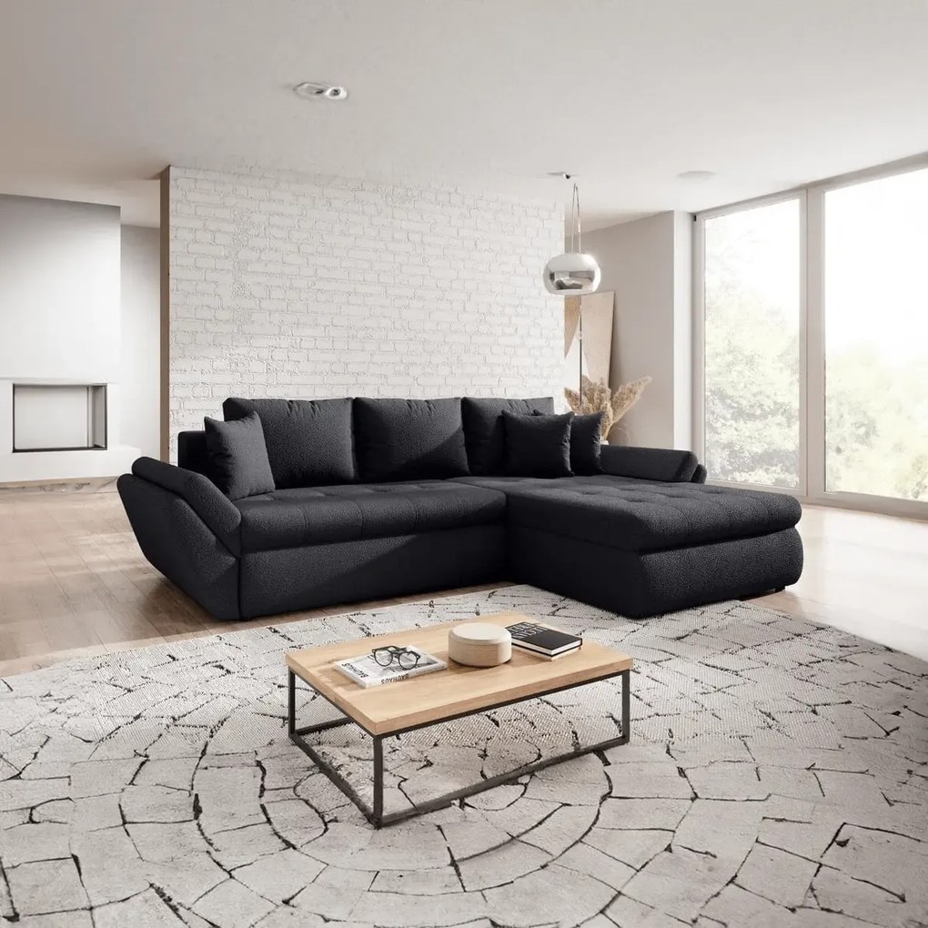 Colțar extensibil dumonde cu ladă de depozitare si sezut confortabil din spuma high-density, Loana Euphoria Black II 270x185 cm