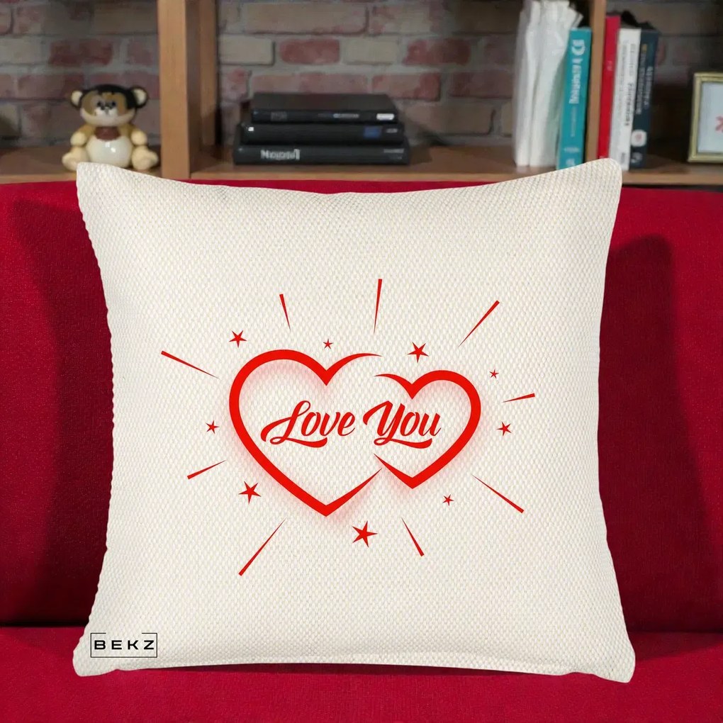 Cadou Romantic - Perna Personalizata Love You Doua Inimi, 40x40 cm, Crem Reliefat, Husa Detasabila, Perna Inclusa, BEKZ®