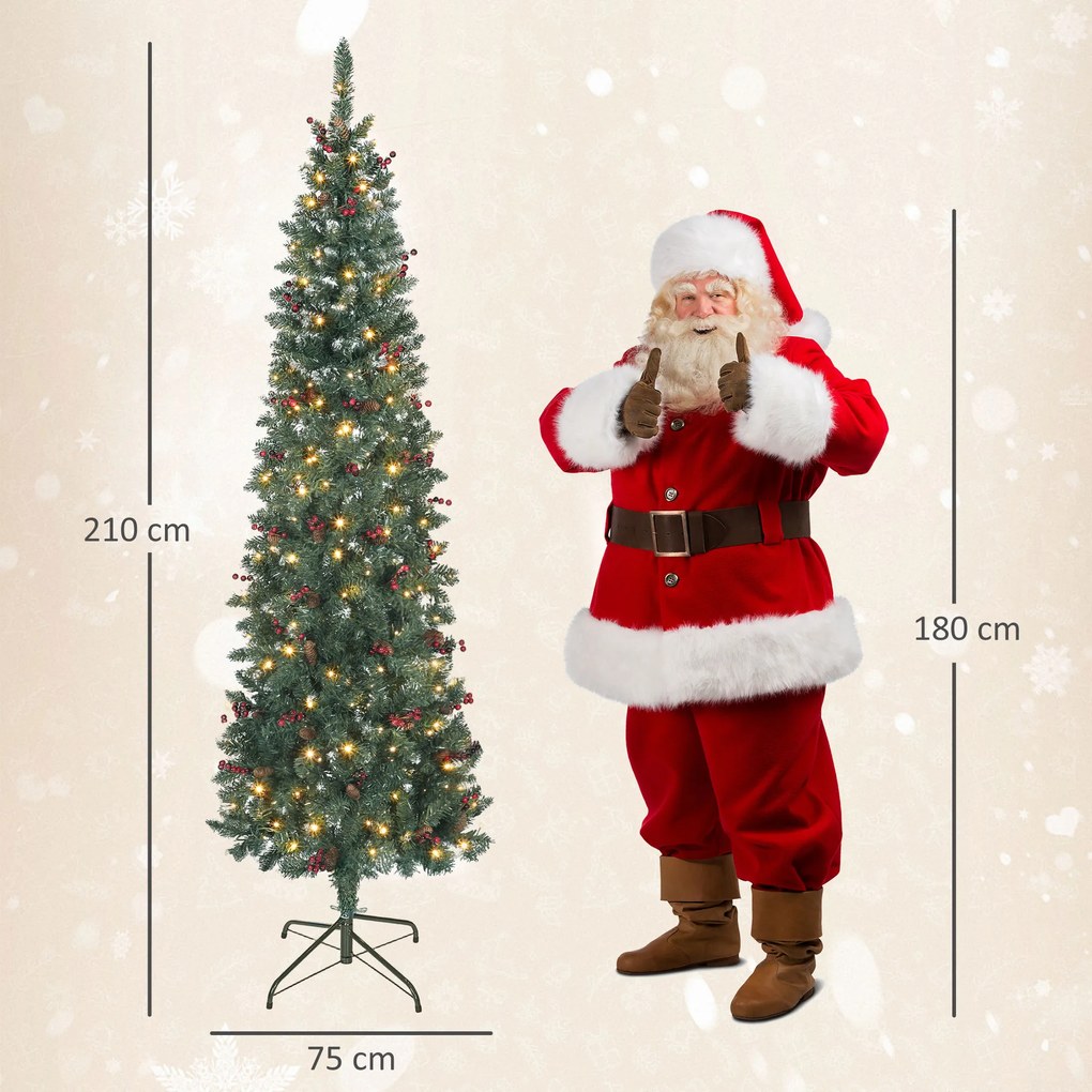 HOMCOM Pom de Crăciun Slim 210 cm Artificial, Lumini Incorporate în 8 Moduri, 300 Ramuri Dens Ignifuge Înzăpezite, 55 Conuri și 55 Ciorchini de Boabe, Pom de Crăciun Îngust și Înalt cu Bază din Metal | Aosom Romania