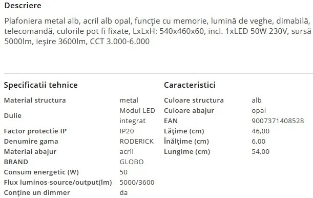Plafoniera LED moderna cu telecomanda RODERICK 50W