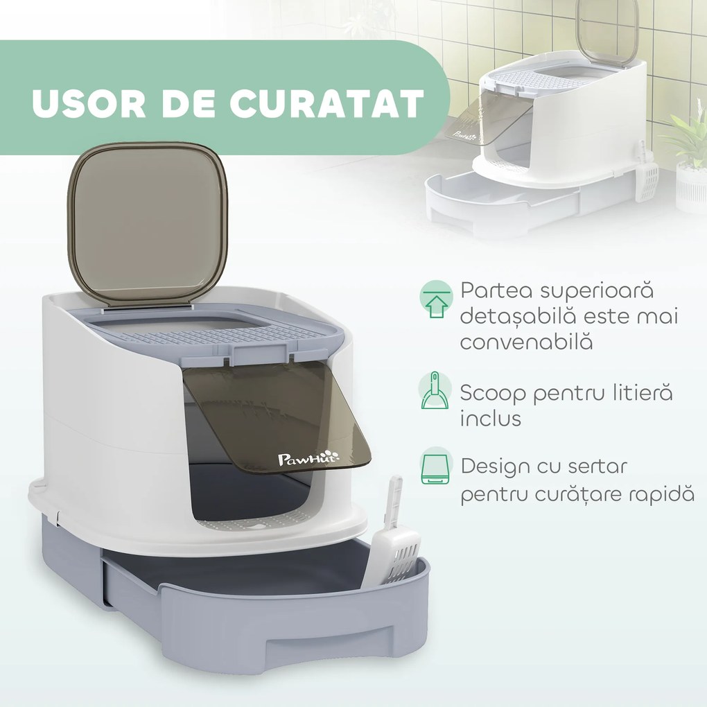 PawHut Litieră Închisă pentru Pisici cu 2 Uși și Tavă Detașabilă, 40,5x52,5x42,5 cm, Gri | Aosom Romania