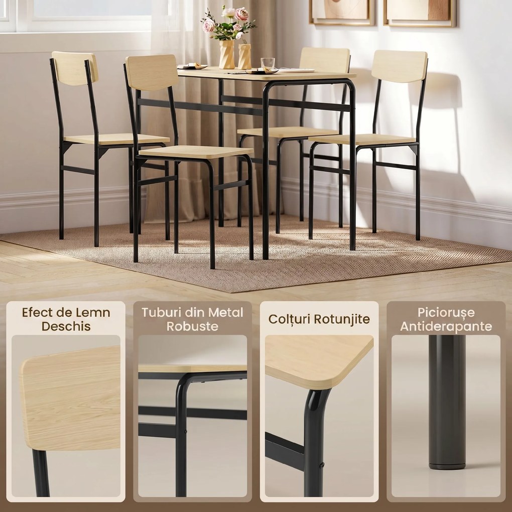 HOMCOM Set de Masă Rectangulară și 4 Scaune, Negru și Culoare Lemn | Aosom Romania