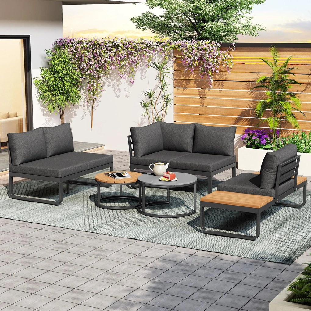Set de mobilier de grădină pentru 4-5 locuri, 2 mese de cafea integrate, perne de șezut și perne confortabile, Gri