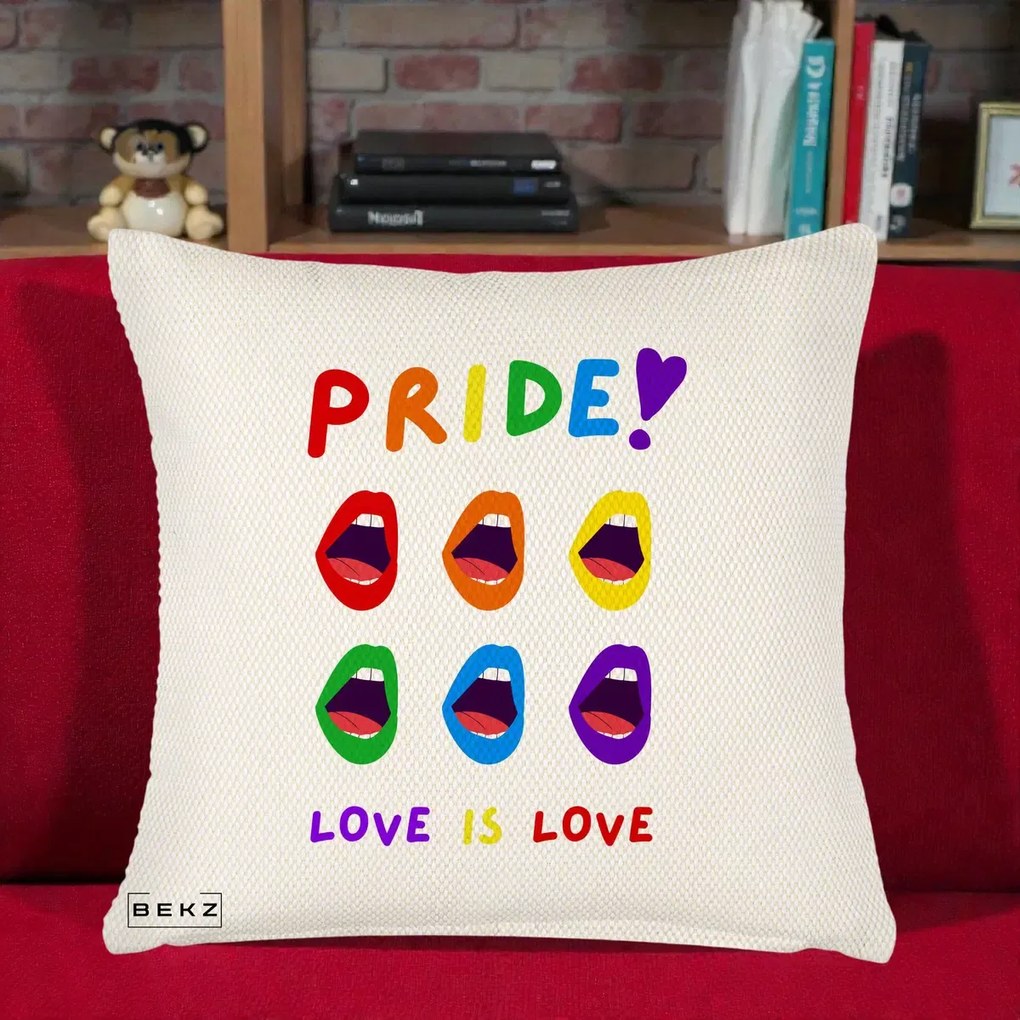 Perna Personalizata Pride Love is Love Curcubeu, 40x40 cm, Crem Reliefat, Husa Detasabila, Perna Inclusa, BEKZ®