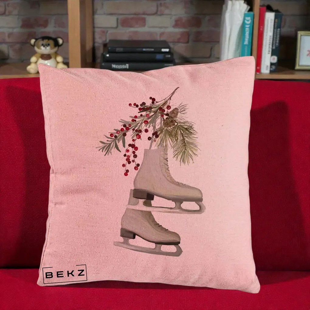 Perna Decorativa Patine cu Ramuri de Brad si Afine, 40x40 cm, Roz, Husa Detasabila, Perna Inclusa, BEKZ®