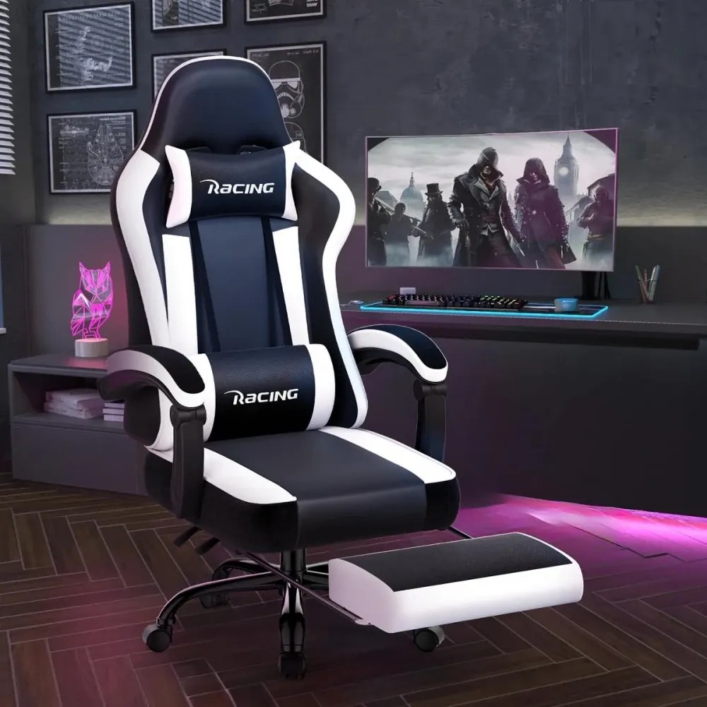 Scaun gaming, Masaj în perna lombară, Suport picioare, Rabatabil 90-165°, piele PU, Negru/Alb